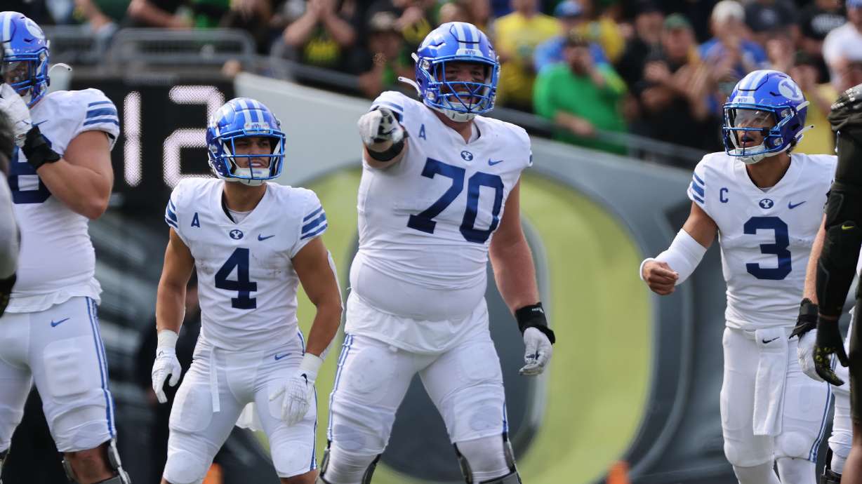 Brigham Young offensive lineman Connor Pay (70) at Autzen Stadium in Eugene on Saturday, Sept. 17, 2022.