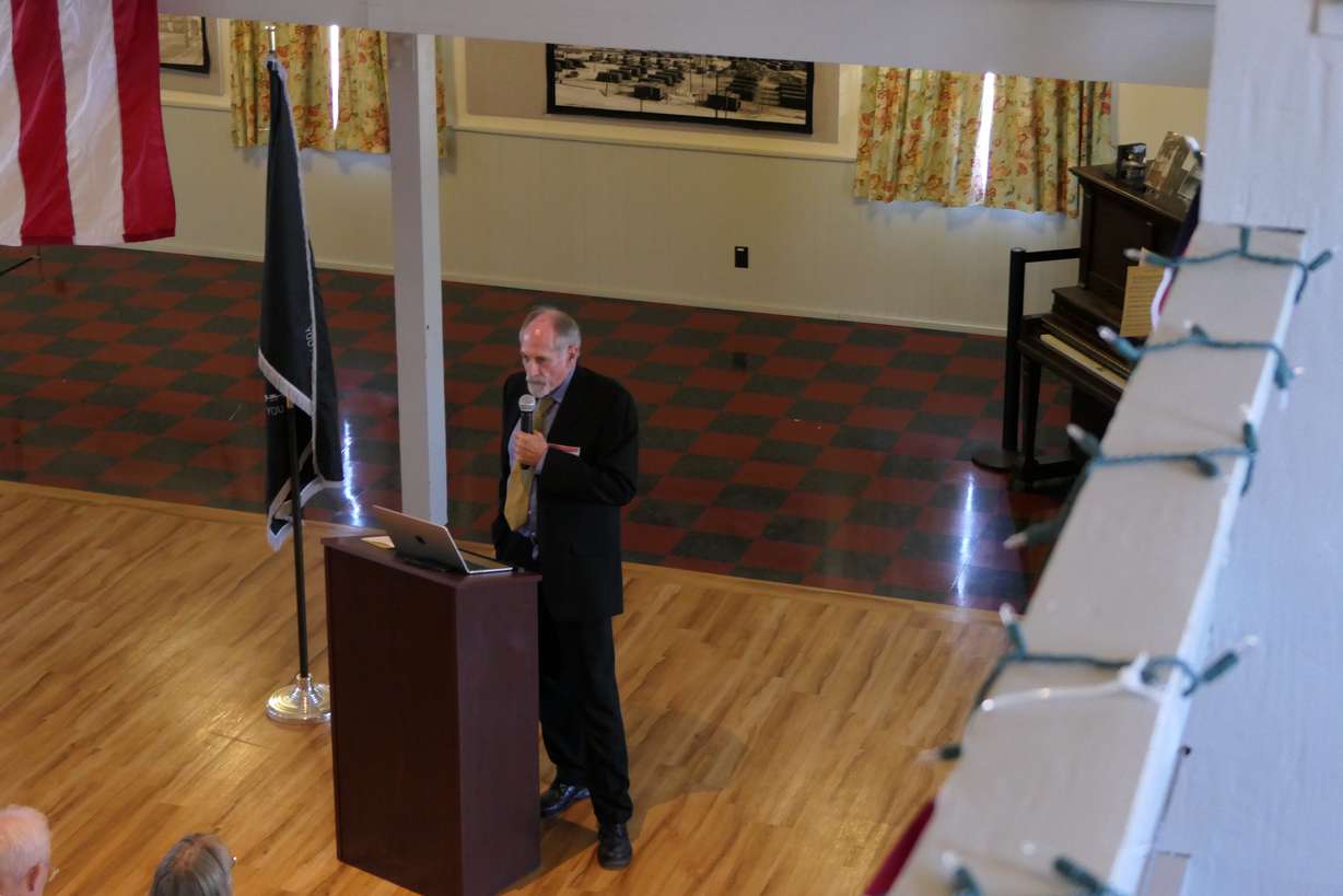 Brian Mahoney speaks during a ceremony honoring the 15,500 U.S. Army Air Forces personnel who died in training or in accidents while traveling overseas, while at the Historic Wendover Airfield Museum on Friday.