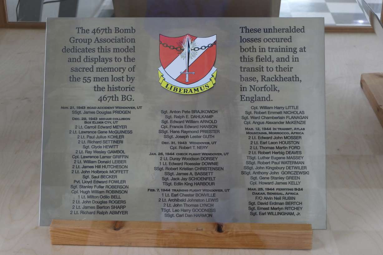 The memorial plaque honoring the 55 members of the 467th Bombardment Group who died in training or in accidents while traveling overseas is pictured at the Historic Wendover Airfield Museum on Friday.
