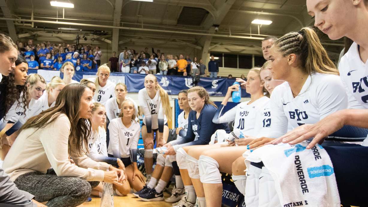 BYU coach Heather Olmstead, shown here coaching a match against LMU on Thursday, Sept. 22, 2022, won her 200th game as head coach of the BYU women's volleyball team, Saturday, Sept. 22 against No. 17 Pepperdine.