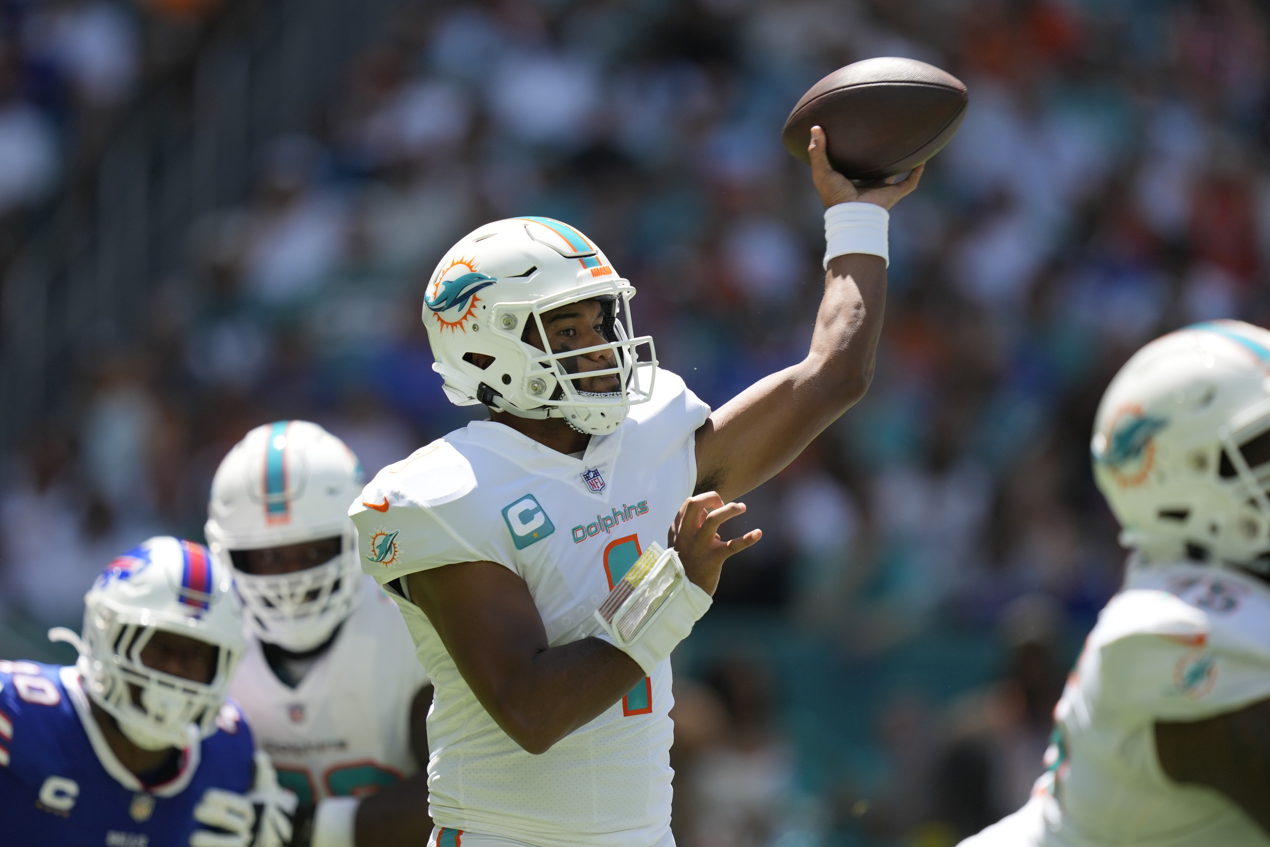 Miami Dolphins quarterback Tua Tagovailoa (1) aims a pass during the first half of an NFL football game against the Buffalo Bills, Sunday, Sept. 25, 2022, in Miami Gardens. 