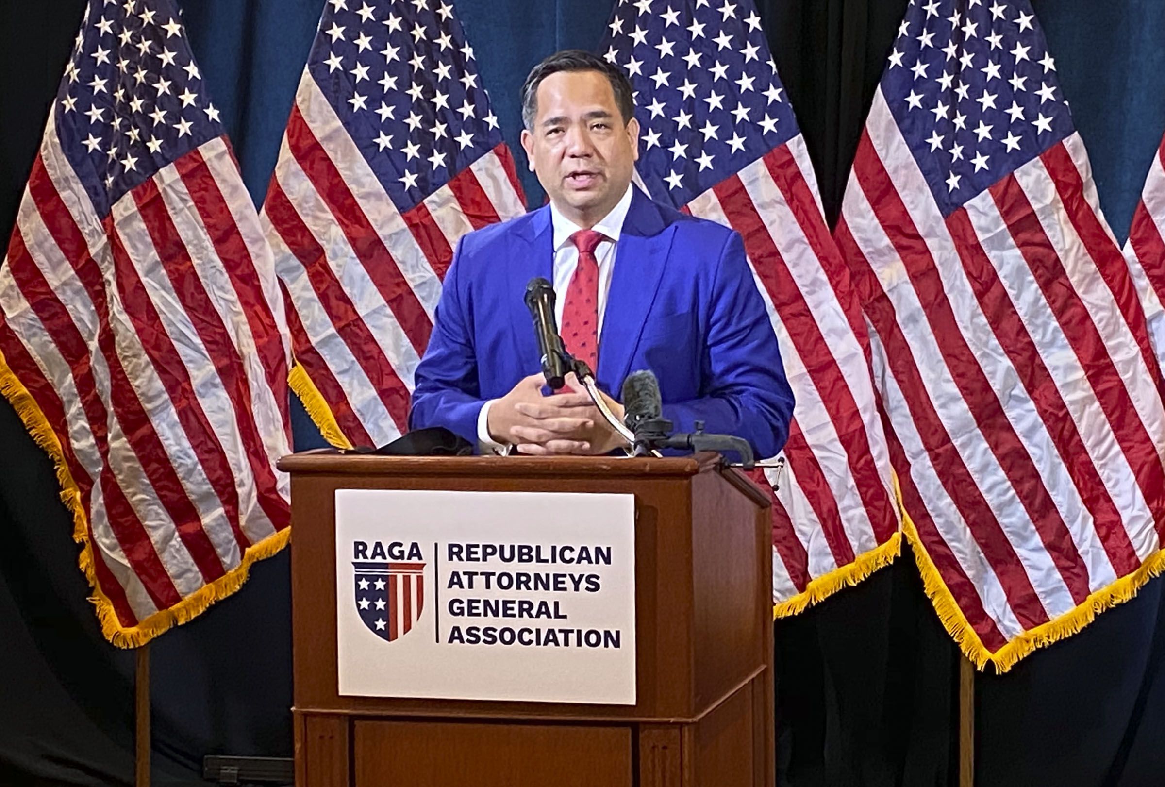 Utah Attorney General Sean Reyes speaks during a Republican Attorneys General Association press conference at the Grand America Hotel in Salt Lake City on Oct. 7, 2020. As Reyes joined a court brief supporting Donald Trump in his legal fight over documents seized from his Florida estate, a group filed an ethics complaint against Reyes over his continued defense of the former president.