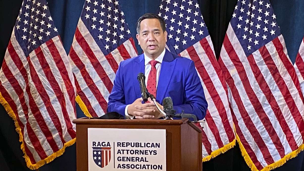 Utah Attorney General Sean Reyes speaks during a Republican Attorneys General Association press conference at the Grand America Hotel in Salt Lake City on Oct. 7, 2020. As Reyes joined a court brief supporting Donald Trump in his legal fight over documents seized from his Florida estate, a group filed an ethics complaint against Reyes over his continued defense of the former president.