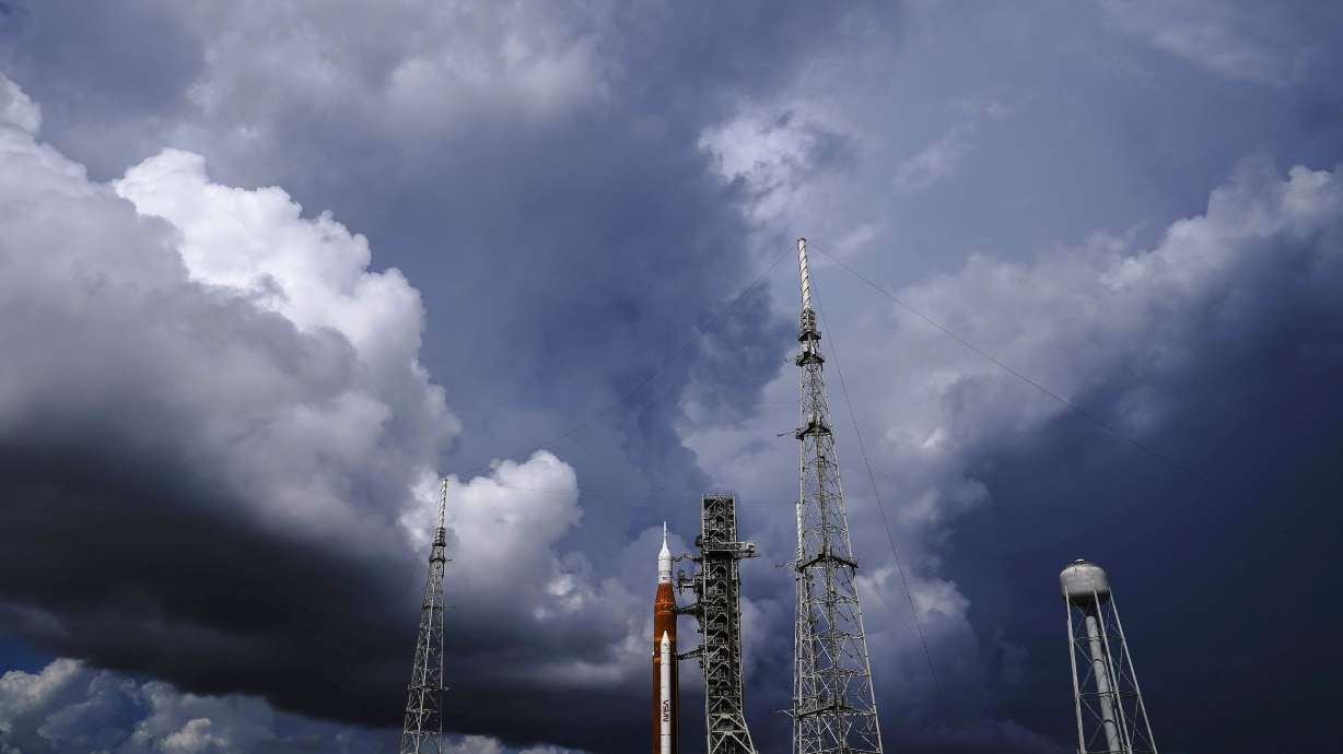 The NASA moon rocket stands on Pad 39B before a launch attempt for the Artemis 1 mission to orbit the moon at the Kennedy Space Center on Sept. 2, in Cape Canaveral, Florida. NASA mission managers decided Monday to move its moon rocket off the launch pad and into shelter due to Hurricane Ian’s uncertain path.