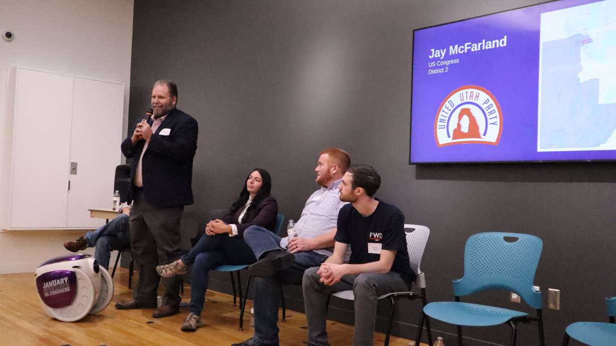 Candidate Jay Mcfarland speaks at the Forward Party meet and greet at the Granite Library. Mcfarland is running for Congress in the 2nd District.