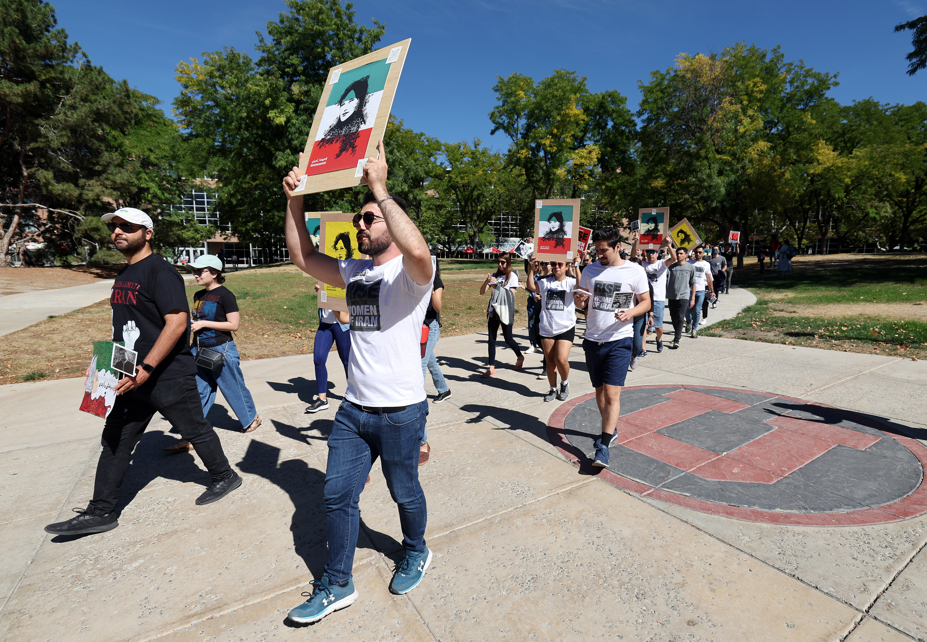 University of Utah students protest the death of 22-year-old Iranian woman Mahsa Amini as well as the treatment of other Iranian protesters during a demonstration outside of the A. Ray Olpin Student Union in Salt Lake City on Tuesday. The protest was sponsored by the university’s Persian Student Association.