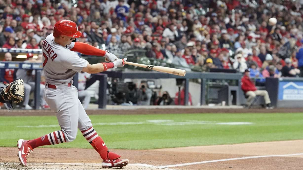 St. Louis Cardinals' Andrew Knizner hits a two-run home run during the fourth inning of a baseball game against the Milwaukee Brewers Tuesday, Sept. 27, 2022, in Milwaukee.