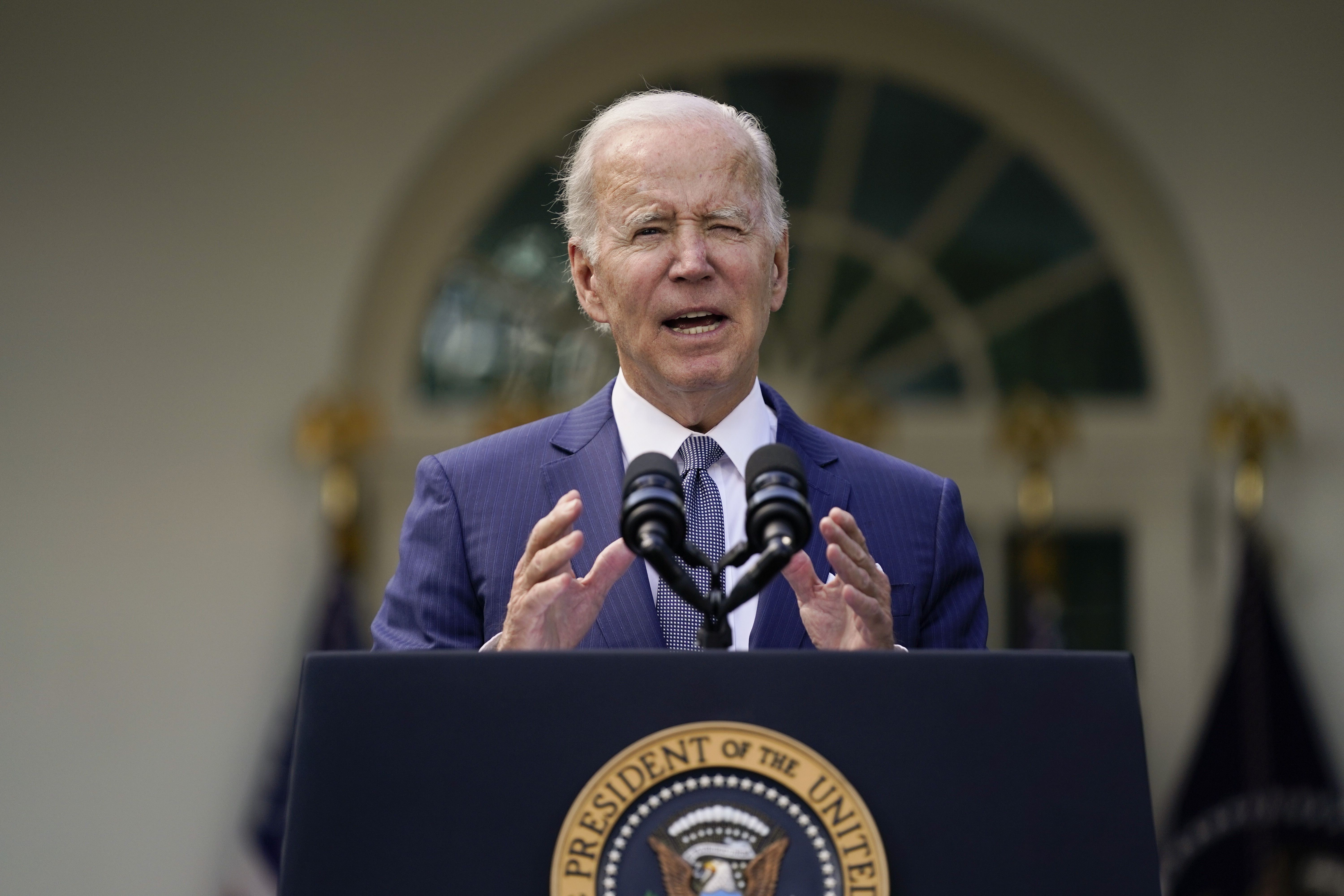 President Joe Biden speaks during an event on health care costs, in the Rose Garden of the White House, Tuesday, in Washington. Biden is hosting a conference today on hunger, nutrition and health, the first by the White House since 1969. 
