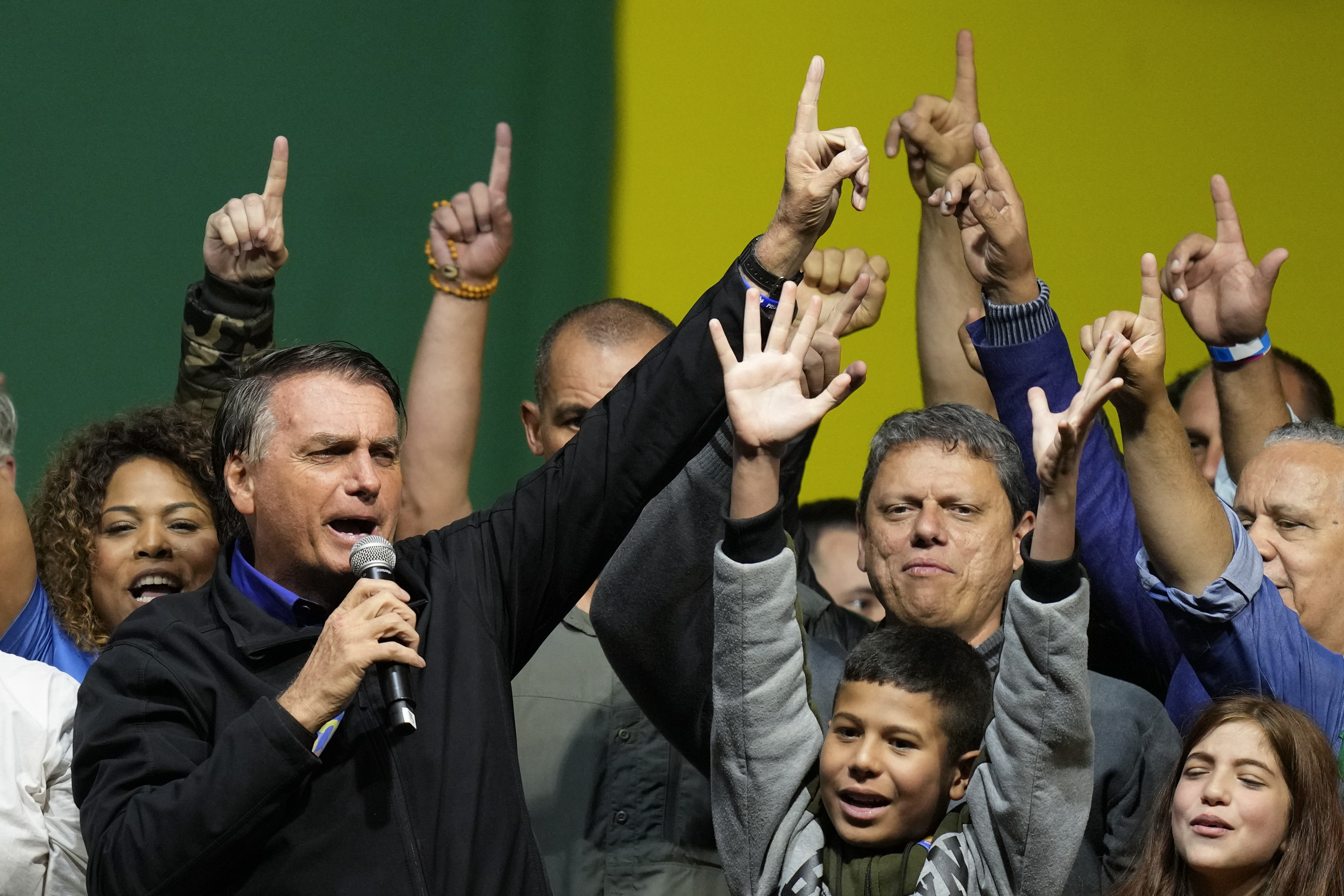 Brazilian President Jair Bolsonaro, who is running for a second term, speaks during a campaign rally in Santos, Brazil, Wednesday, Sept. 28, 2022. Brazil's general elections are scheduled for Oct. 2. 