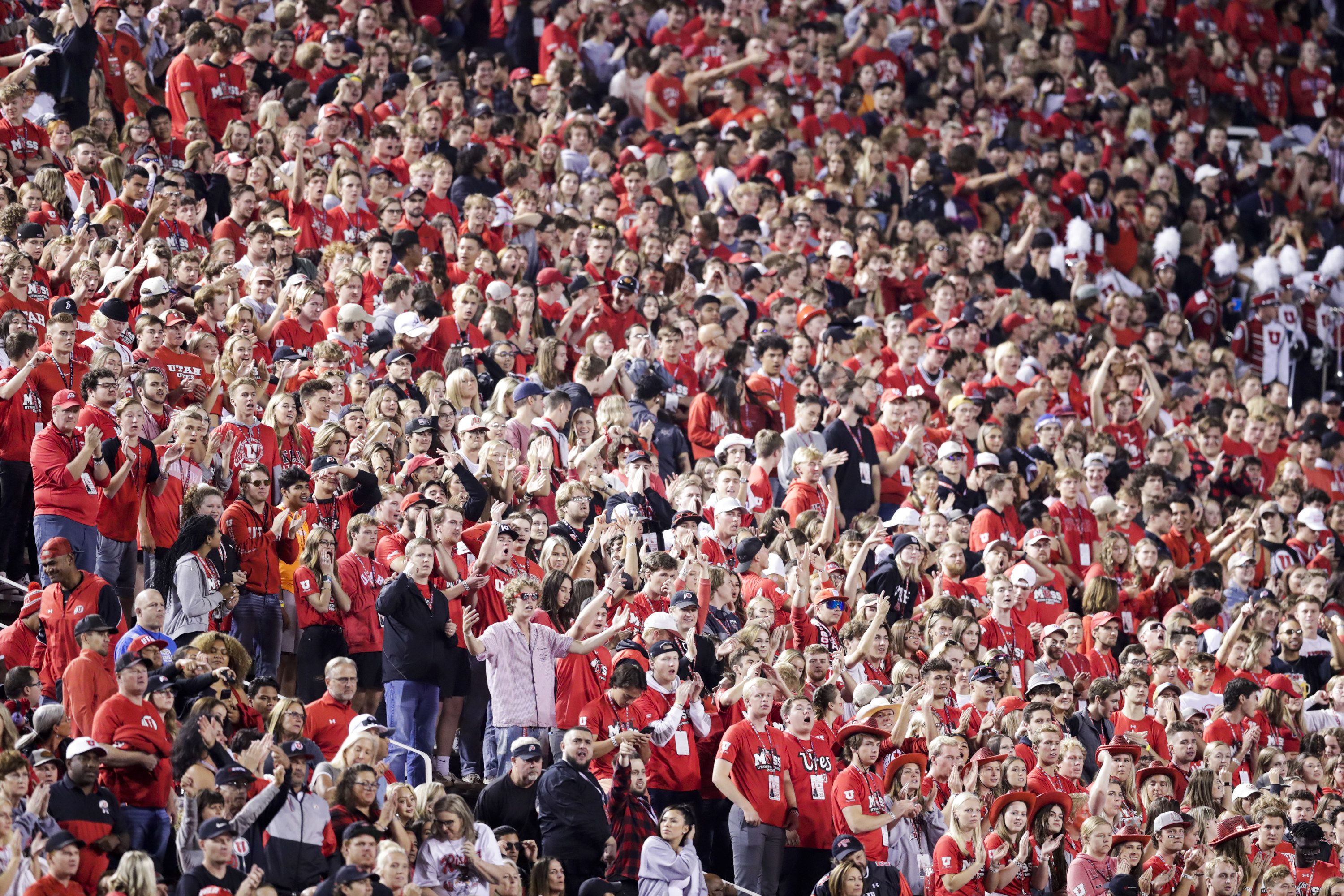 In a scene that wouldn’t have been possible a few years ago due to the COVID-19 pandemic, a packed student fan section of the Utah Utes boo and question the officials after a play against San Diego State in Salt Lake City on Sept. 17.