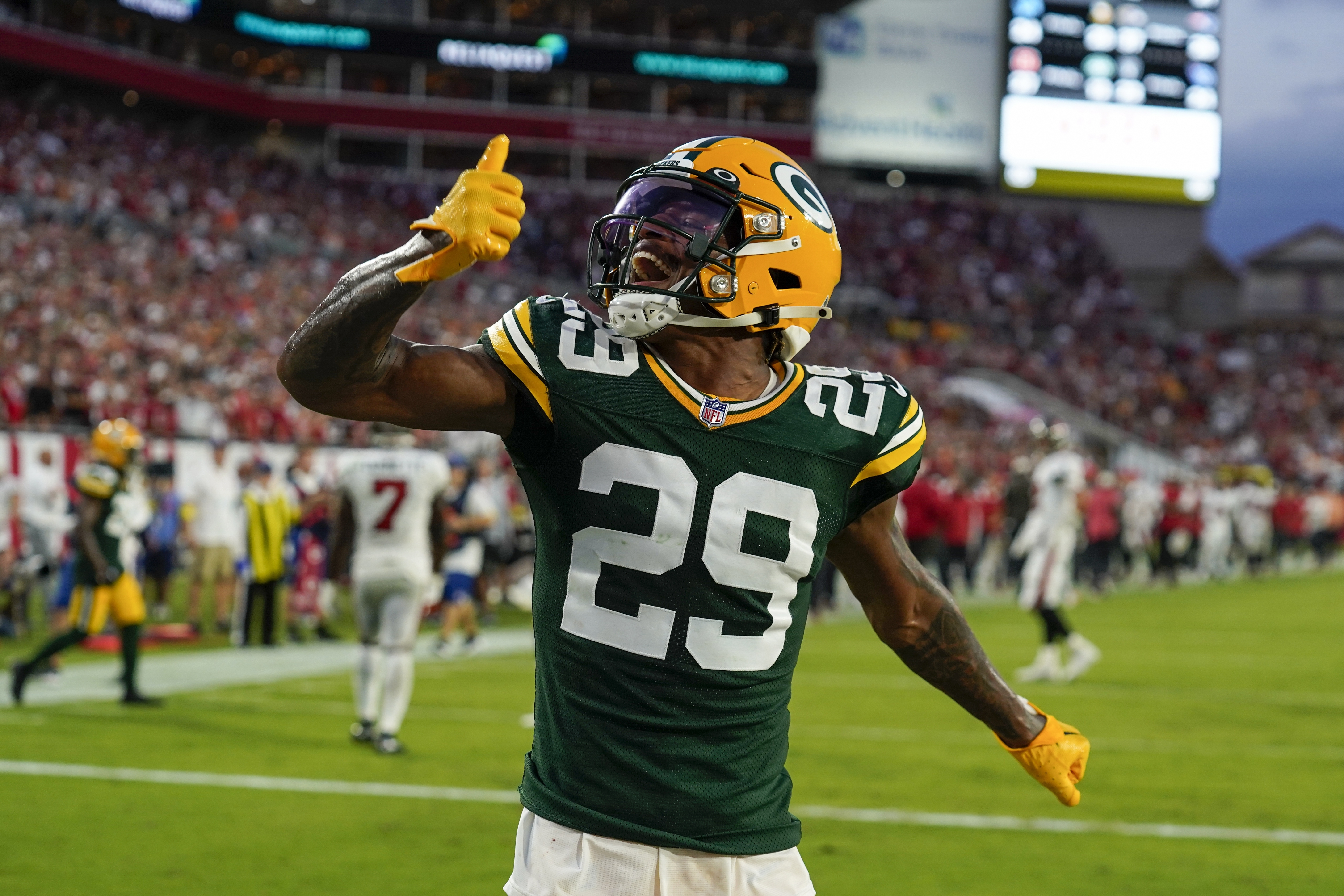 Green Bay Packers' Rasul Douglas reacts after a failed two-point conversion attempt by Tampa Bay Buccaneers during the second half of an NFL football game Sunday, Sept. 25, 2022, in Tampa, Fla. The Packers won 14-12. 