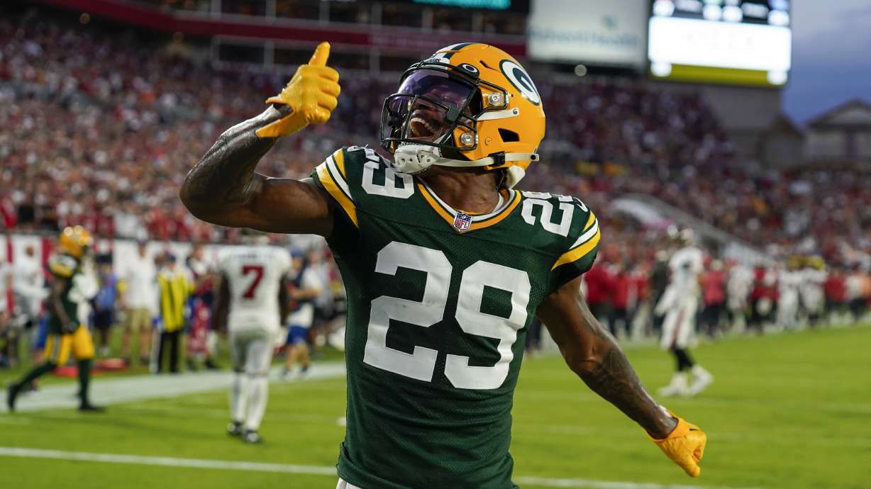 Green Bay Packers' Rasul Douglas reacts after a failed two-point conversion attempt by Tampa Bay Buccaneers during the second half of an NFL football game Sunday, Sept. 25, 2022, in Tampa, Fla. The Packers won 14-12.