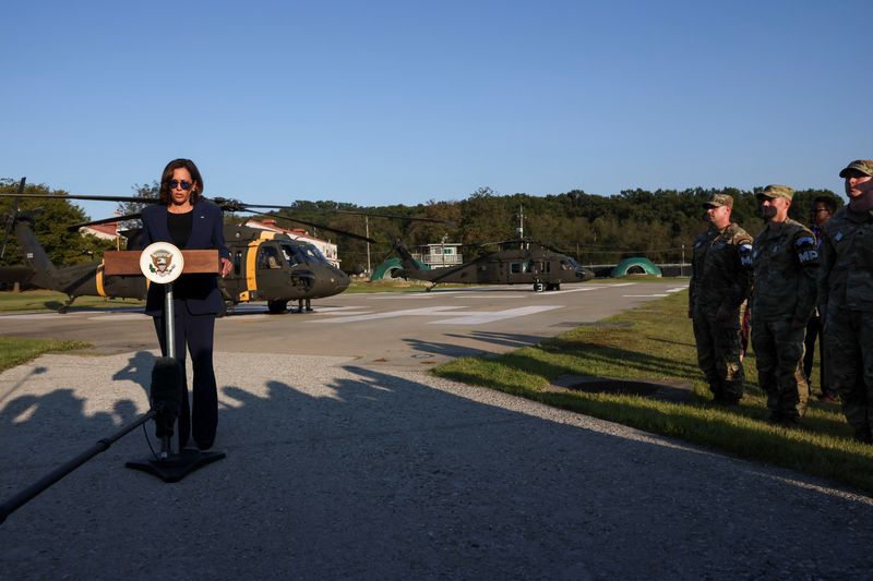 U.S. Vice President Kamala Harris gives a statement to the media as she visits the demilitarized zone separating the two Koreas, in Panmunjom, South Korea, Thursday.