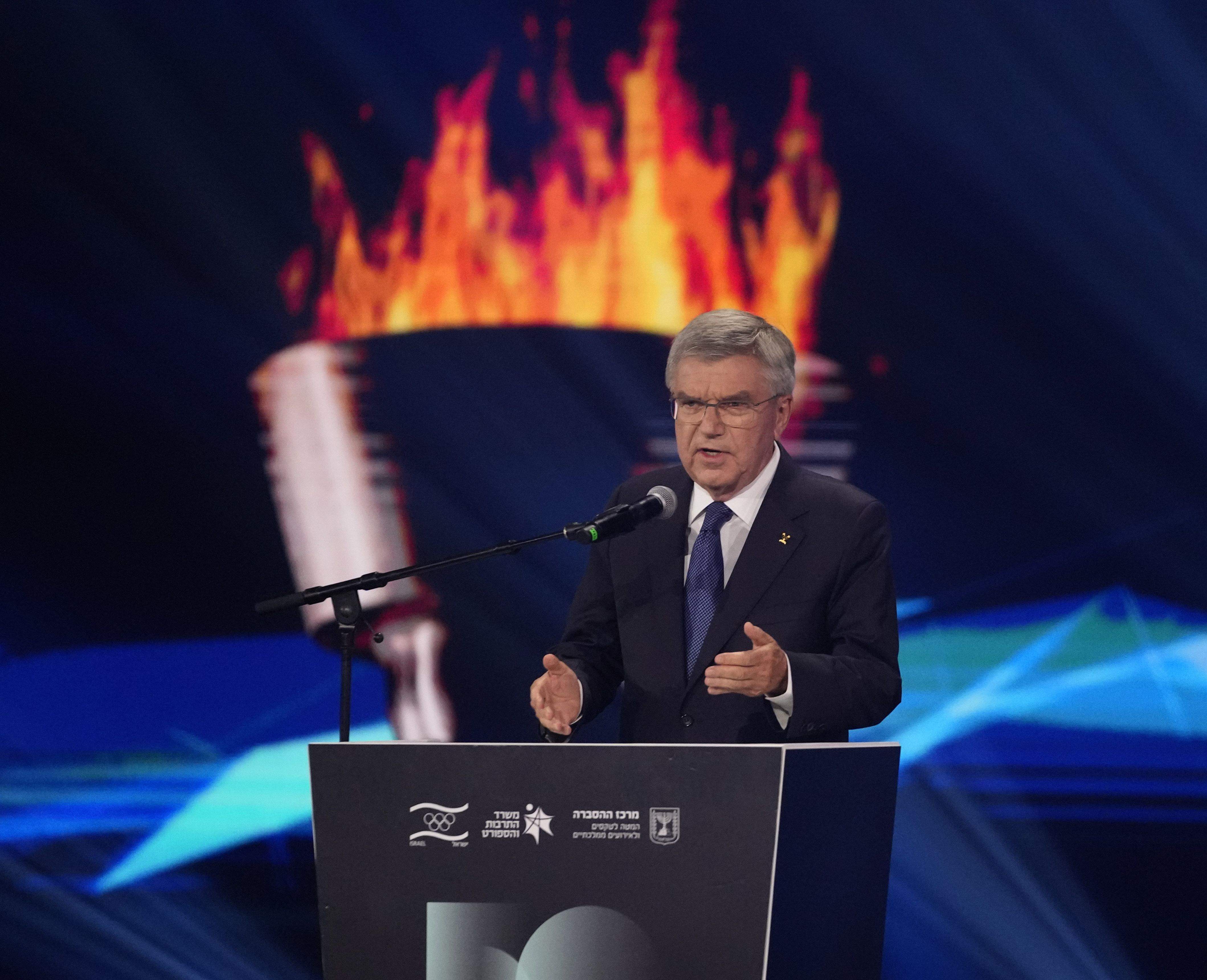 International Olympic Committee President Thomas Bach speaks at a ceremony on the 50th anniversary of the deadly attack on the Israeli Olympic team at the 1972 Summer Olympics in Munich by a Palestinian militant group, in Tel Aviv, Israel, on Sept. 21.