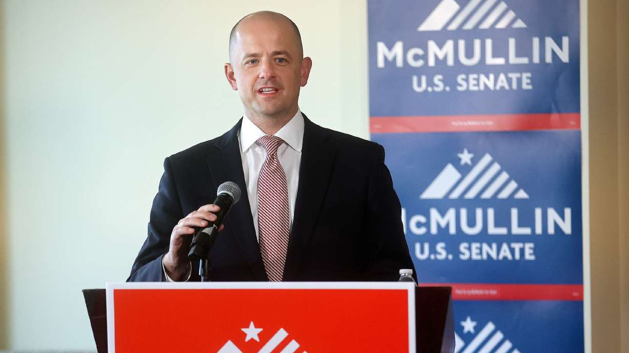 Independent U.S. Senate candidate Evan McMullin talks to members of the media about special interest groups running misleading ad campaigns against him at the Hilton Salt Lake City Center in Salt Lake City on Thursday.