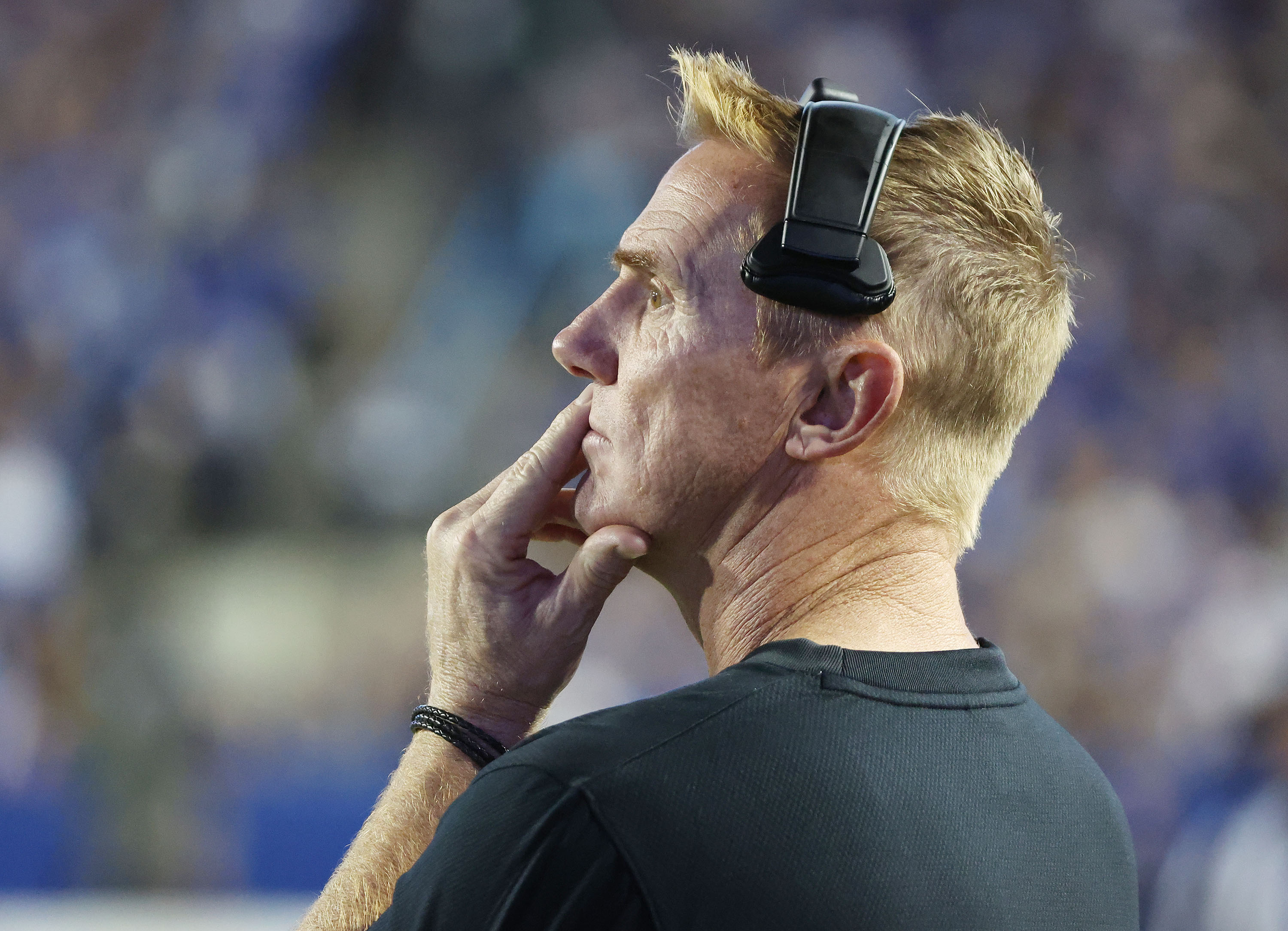 Utah State Aggies head coach Blake Anderson watches the game in Provo on Thursday, Sept. 29, 2022.