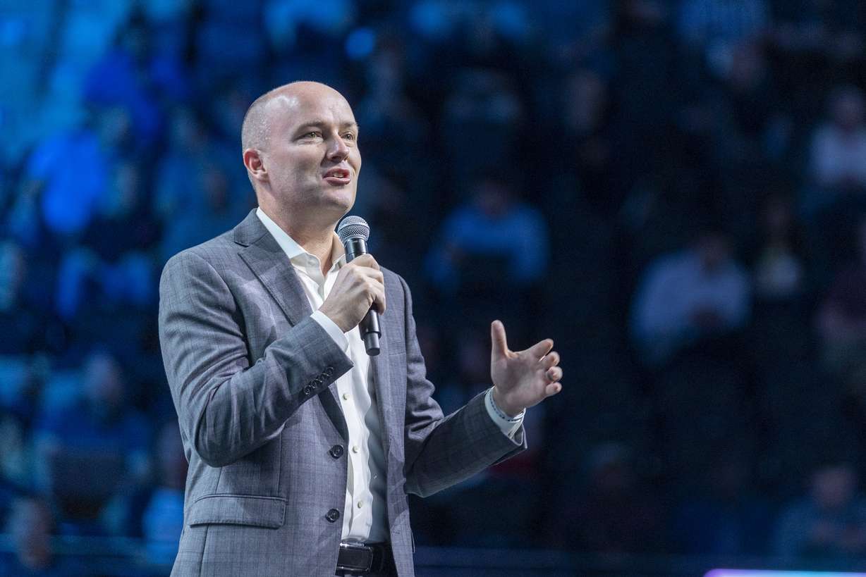 Utah Gov. Spencer Cox speaks during the Silicon Slopes Summit at Vivint Arena in Salt Lake City on Friday.