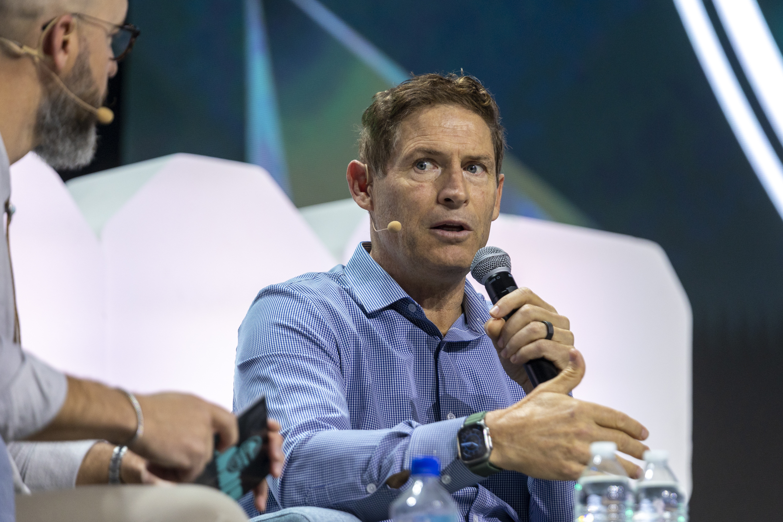 John Bowers, left, director of partnerships at Silicon Slopes, interviews Steve Young, former BYU and NFL quarterback, during the Silicon Slopes Summit at Vivint Arena in Salt Lake City on Friday. Young on Friday returned to Beehive State to address a crowd eager to hear stories and insights from the former Brigham Young University and San Francisco 49ers legend.