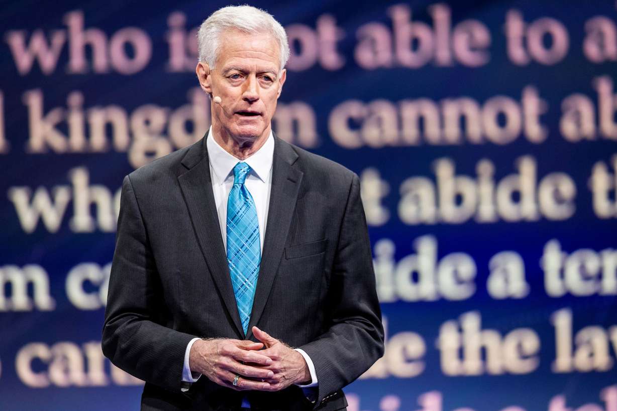 BYU President Kevin Worthen delivers a campus devotional at the Marriott Center in Provo, Utah, on Sept. 8. Worthen hired his former law student Carl Hernandez to lead BYU’s new Office of Belonging and become the university’s first Hispanic vice president.