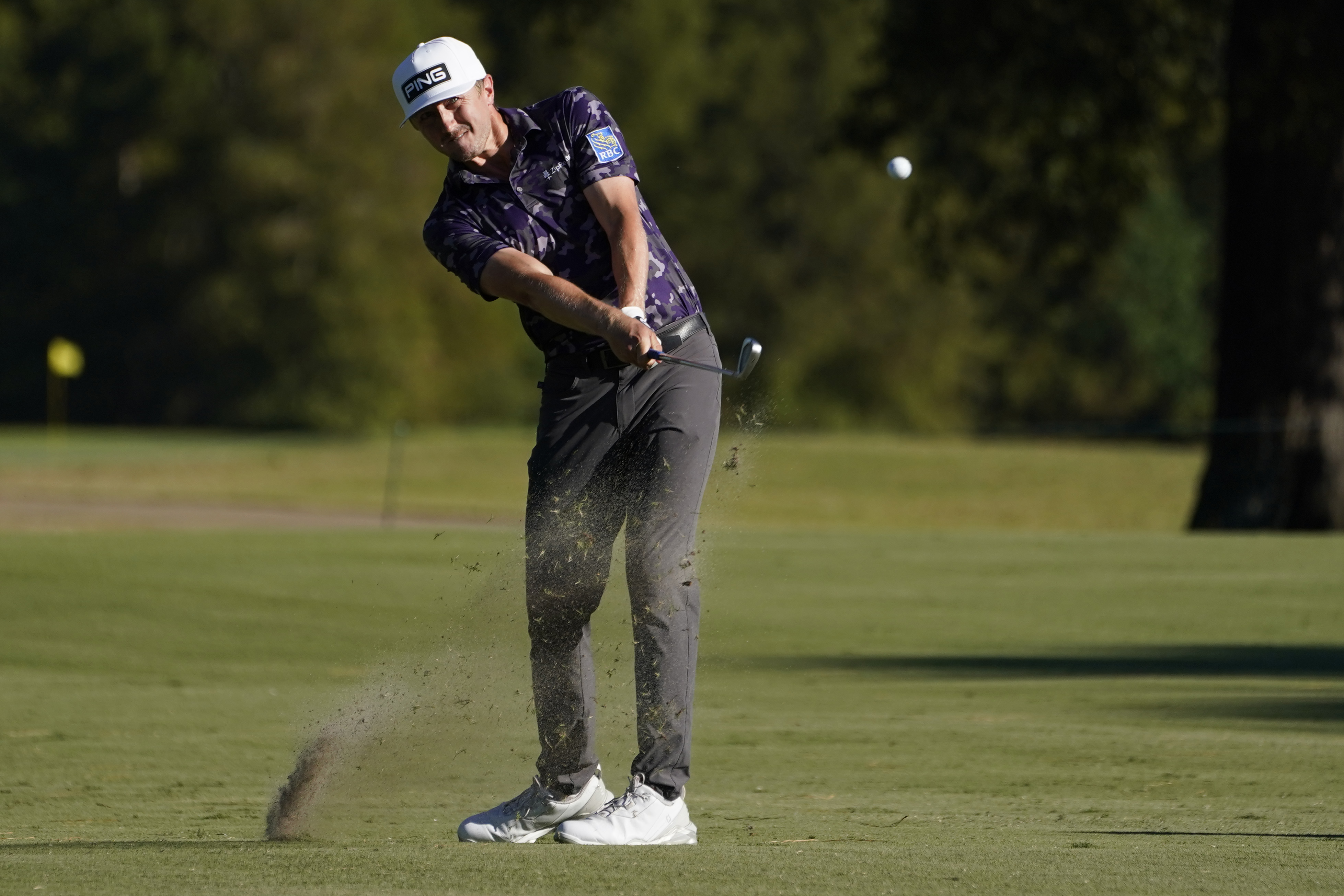 Mackenzie Hughes, of Canada, hits from the 18th fairway during the second roun of the Sanderson Farms Championship golf tournament in Jackson, Miss., Friday, Sept. 30, 2022. 