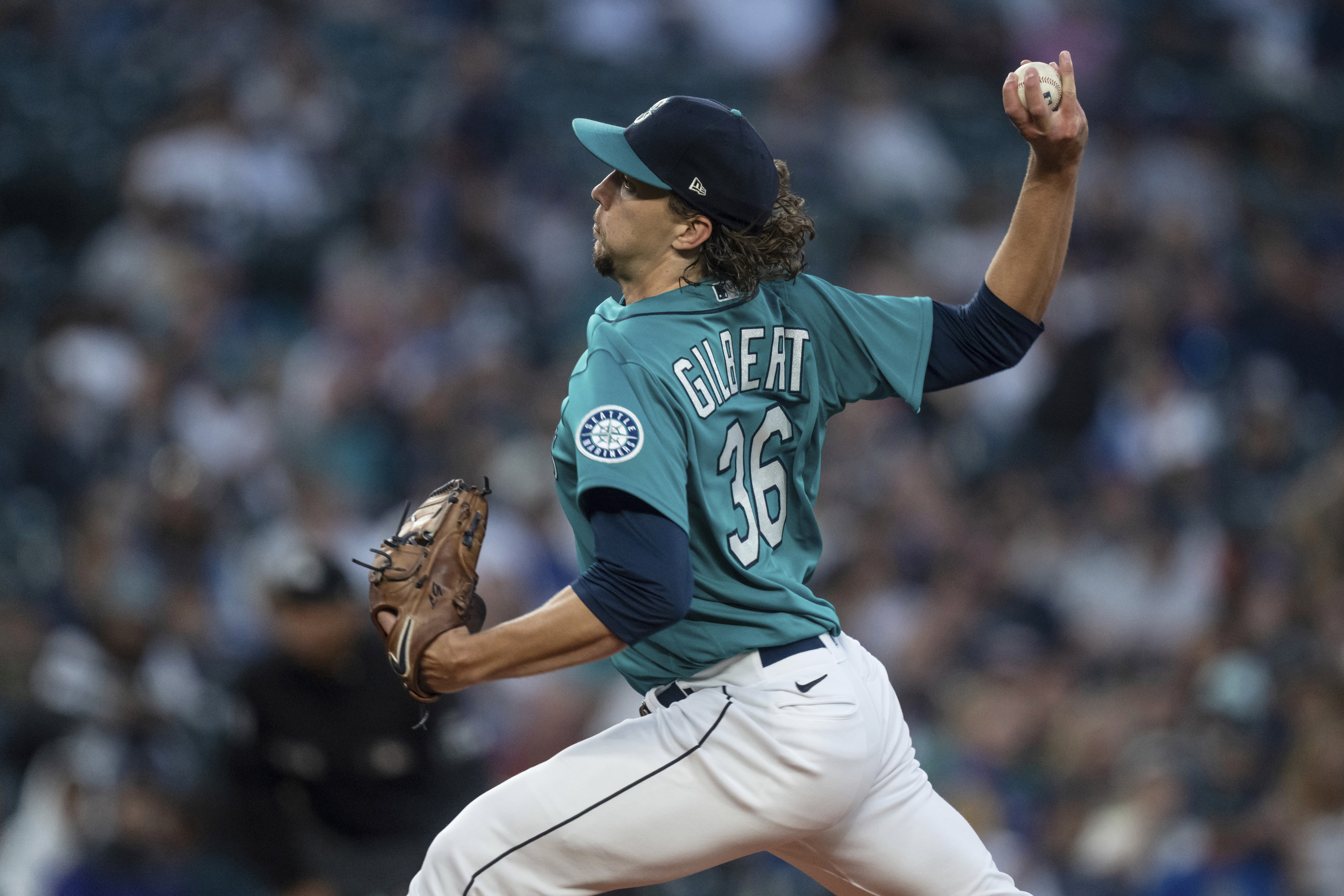 Seattle Mariners starter Logan Gilbert delivers a pitch during the first inning of the team's baseball game against the Oakland Athletics, Friday, Sept. 30, 2022, in Seattle. 