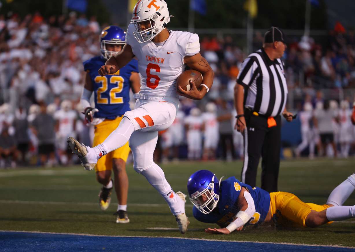 Timpview's Quezon Villa runs into the end zone for a touchdown as Orem and Timpview play a high school football game at Orem on Friday, Sept. 30, 2022. Timpview won 62-42.