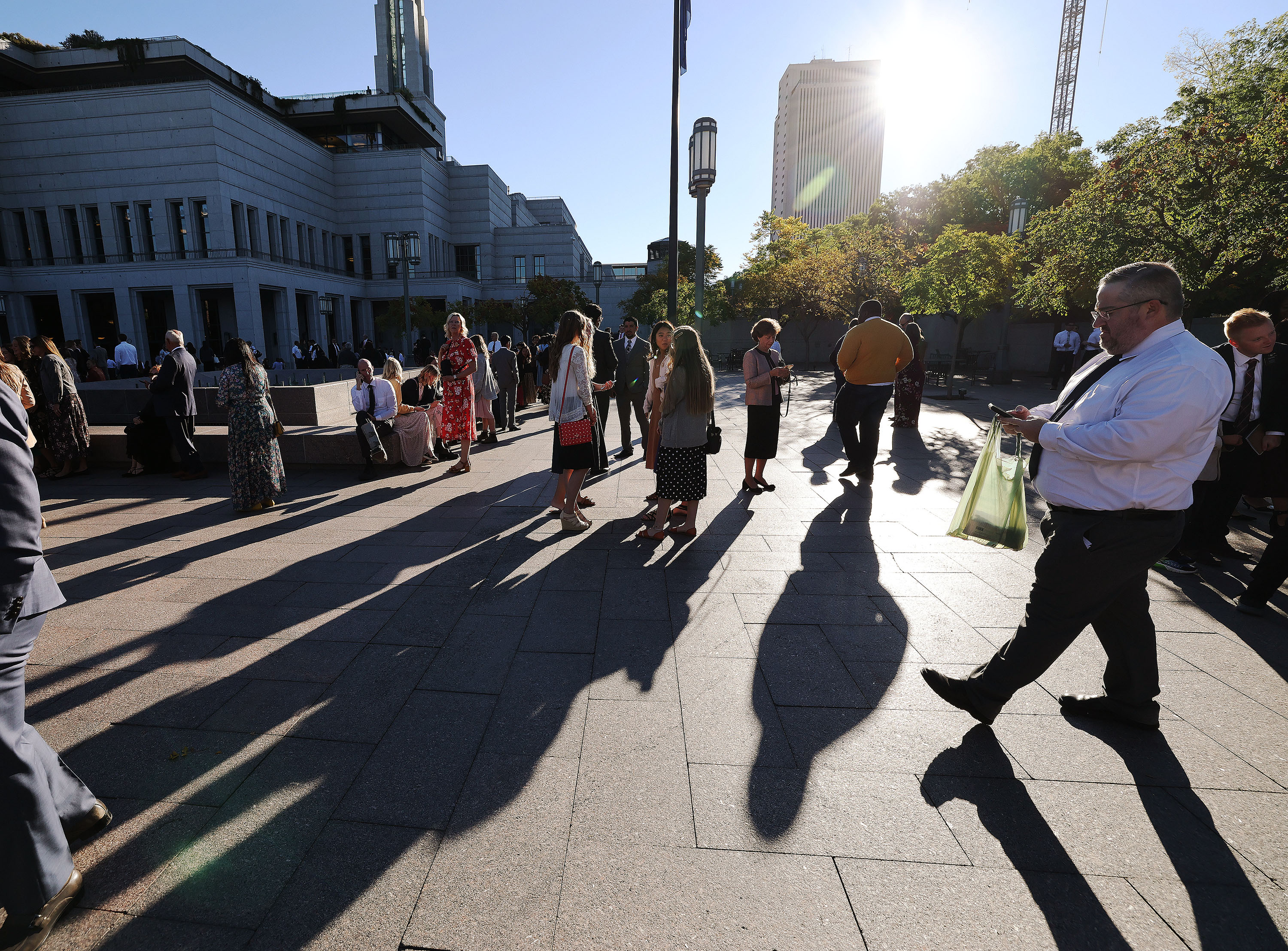 Attendees walk into the Saturday morning session of the 192nd Semiannual General Conference of The Church of Jesus Christ of Latter-day Saints at the Conference Center in Salt Lake City on Saturday.