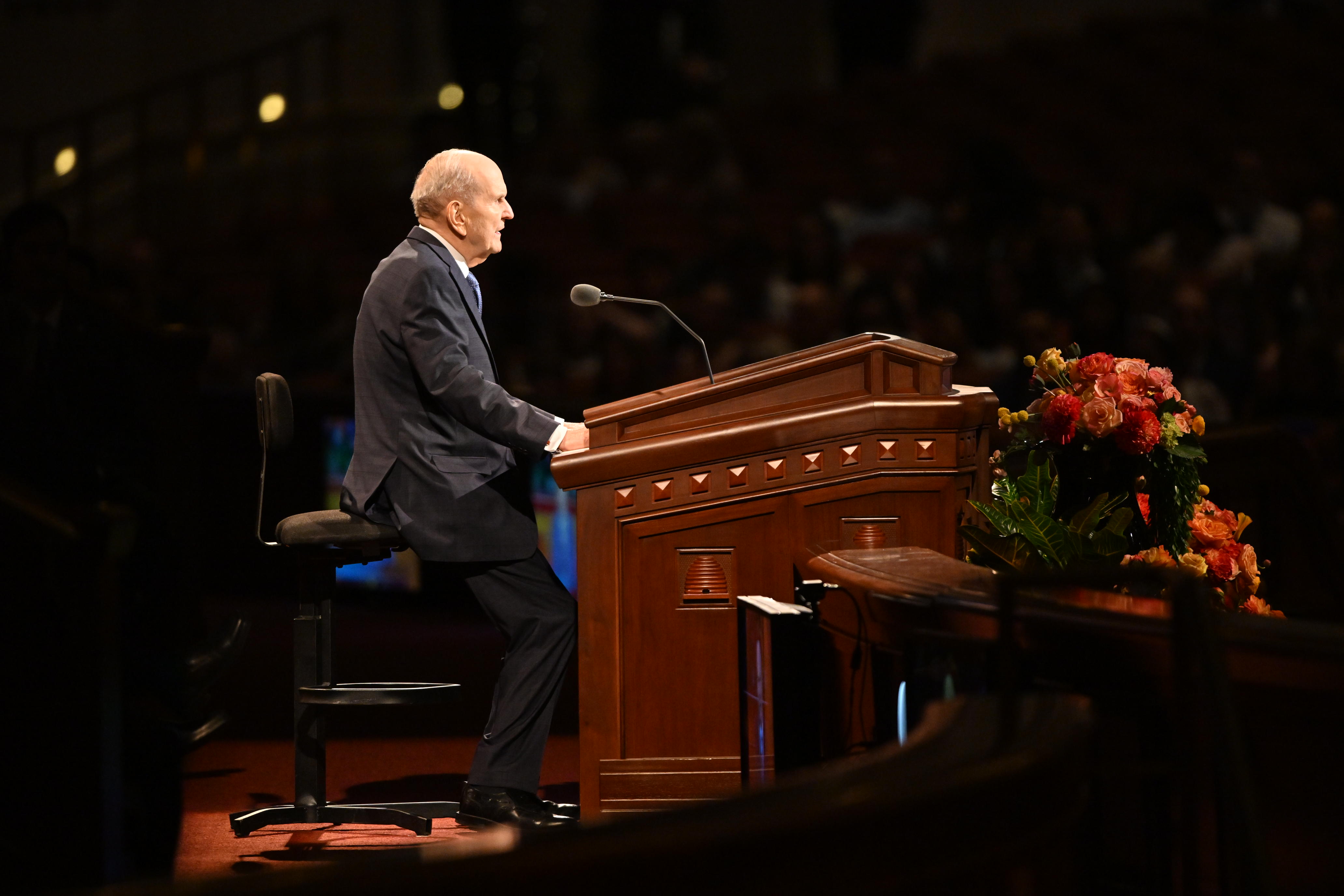 President Russell M. Nelson sits as he speaks during the Saturday morning session of the 192nd Semiannual General Conference of The Church of Jesus Christ of Latter-day Saints at the Conference Center in Salt Lake City on Saturday.
