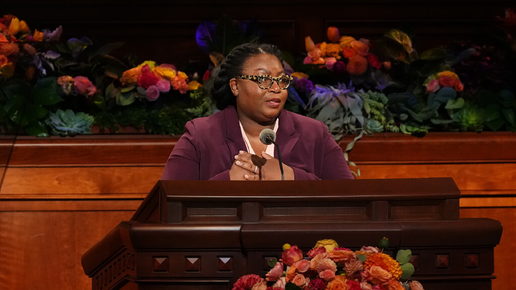 Sister Tracy Y. Browning, second counselor in the Primary general presidency, speaks during the Saturday morning session of general conference of The Church of Jesus Christ of Latter-day Saints at the Conference Center in Salt Lake City. She is the first Black woman to speak at a general conference.