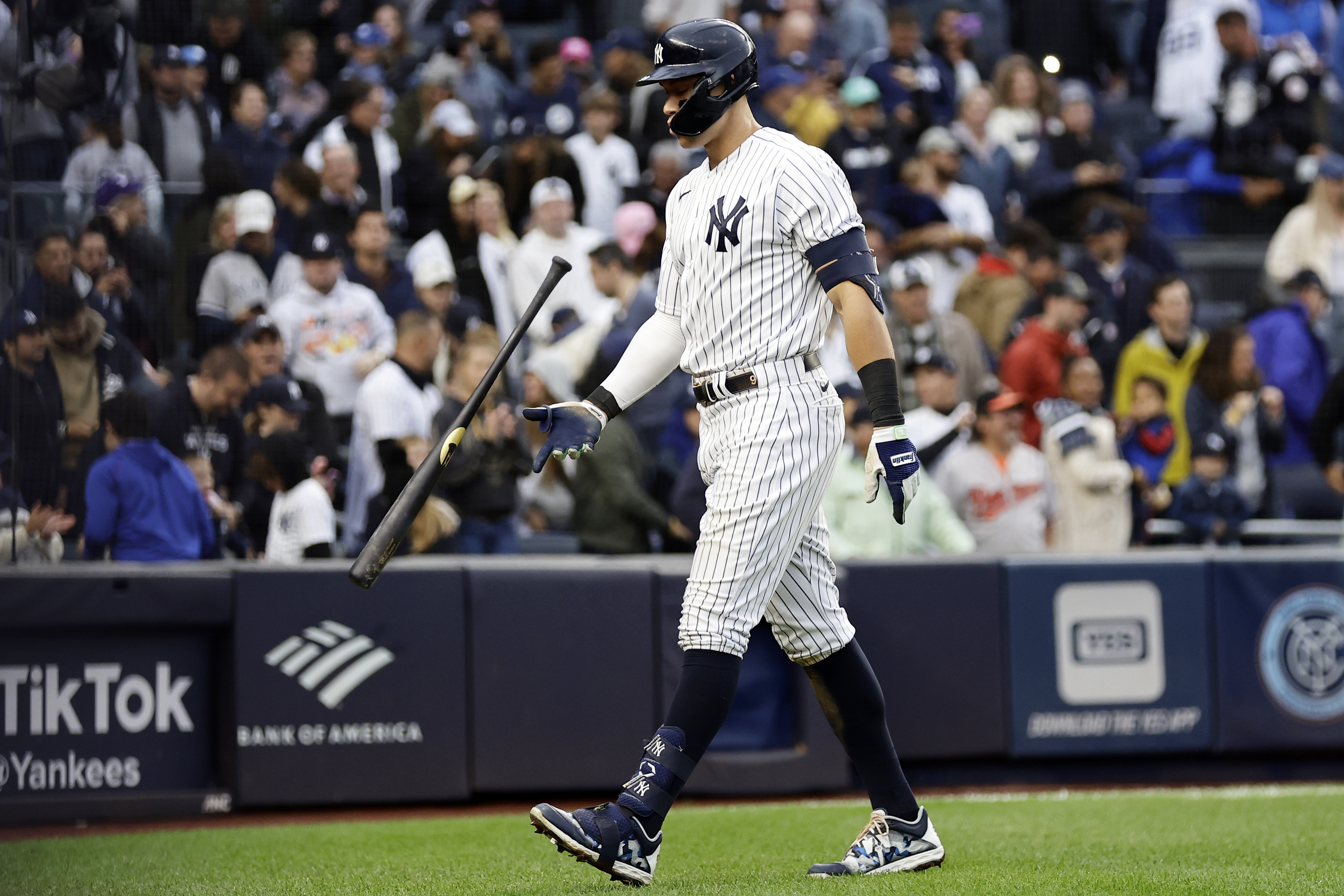 New York Yankees' Aaron Judge reacts after striking out during the eighth inning of the team's baseball game against the Baltimore Orioles, Saturday, Oct. 1, 2022, in New York. 