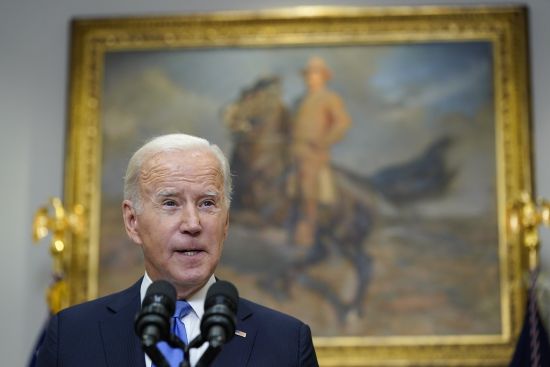 President Joe Biden speaks about Russia from the Roosevelt Room at the White House in Washington, Friday.