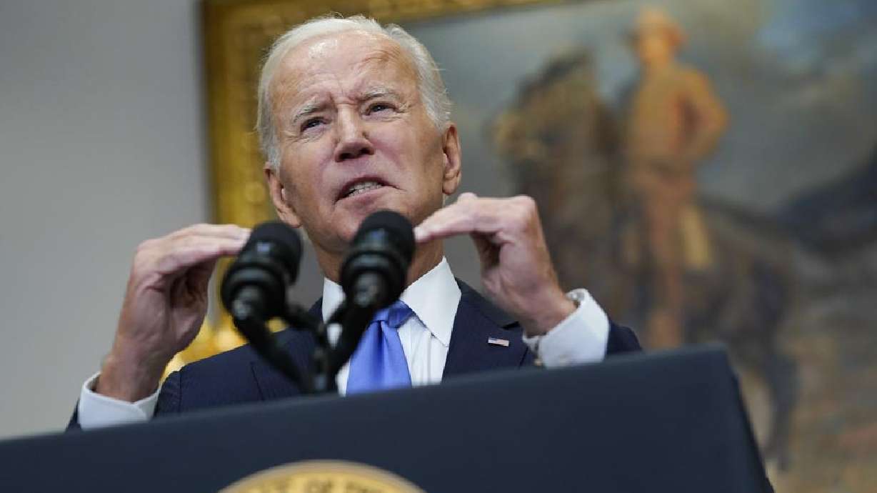 President Joe Biden speaks about the ongoing federal response efforts for Hurricane Ian from the Roosevelt Room at the White House in Washington, Friday. Biden warned Moscow that it won't "get away" with seizing Ukrainian land.