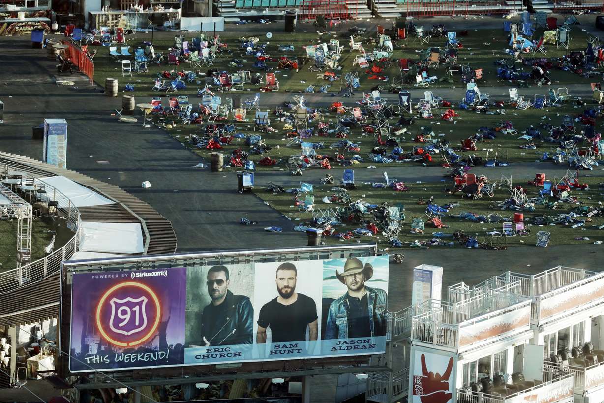 Personal belongings and debris litters the Route 91 Harvest festival grounds across the street from the Mandalay Bay resort and casino after an Oct. 1, mass shooting in Las Vegas, on Oct. 3, 2017. Five years after a gunman killed 58 people and wounded hundreds more at a country music festival in Las Vegas in the deadliest mass shooting in modern U.S. history, the massacre is now part of a horrifying increase in the number of mass slayings with more than 20 victims, according to a database of mass killings maintained by The Associated Press, USA Today and Northeastern University.