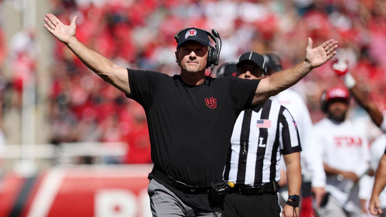 Utah Utes head coach Kyle Whittingham gestures during a video replay of a touchdown as Utah and Oregon State play at Rice Eccles Stadium in Salt Lake City on Saturday, Oct. 1, 2022.