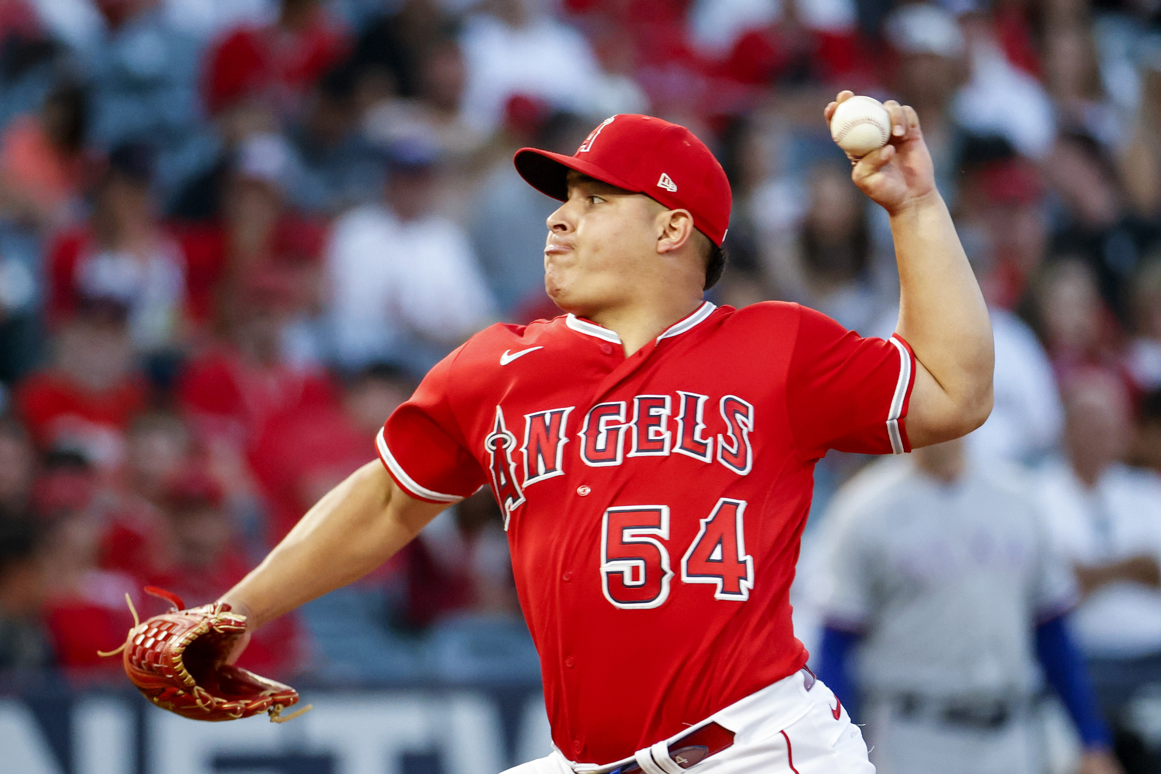 Los Angeles Angels starting pitcher Jose Suarez throws to a Texas Rangers batter during the first inning of a baseball game in Anaheim, Calif., Saturday, Oct. 1, 2022.