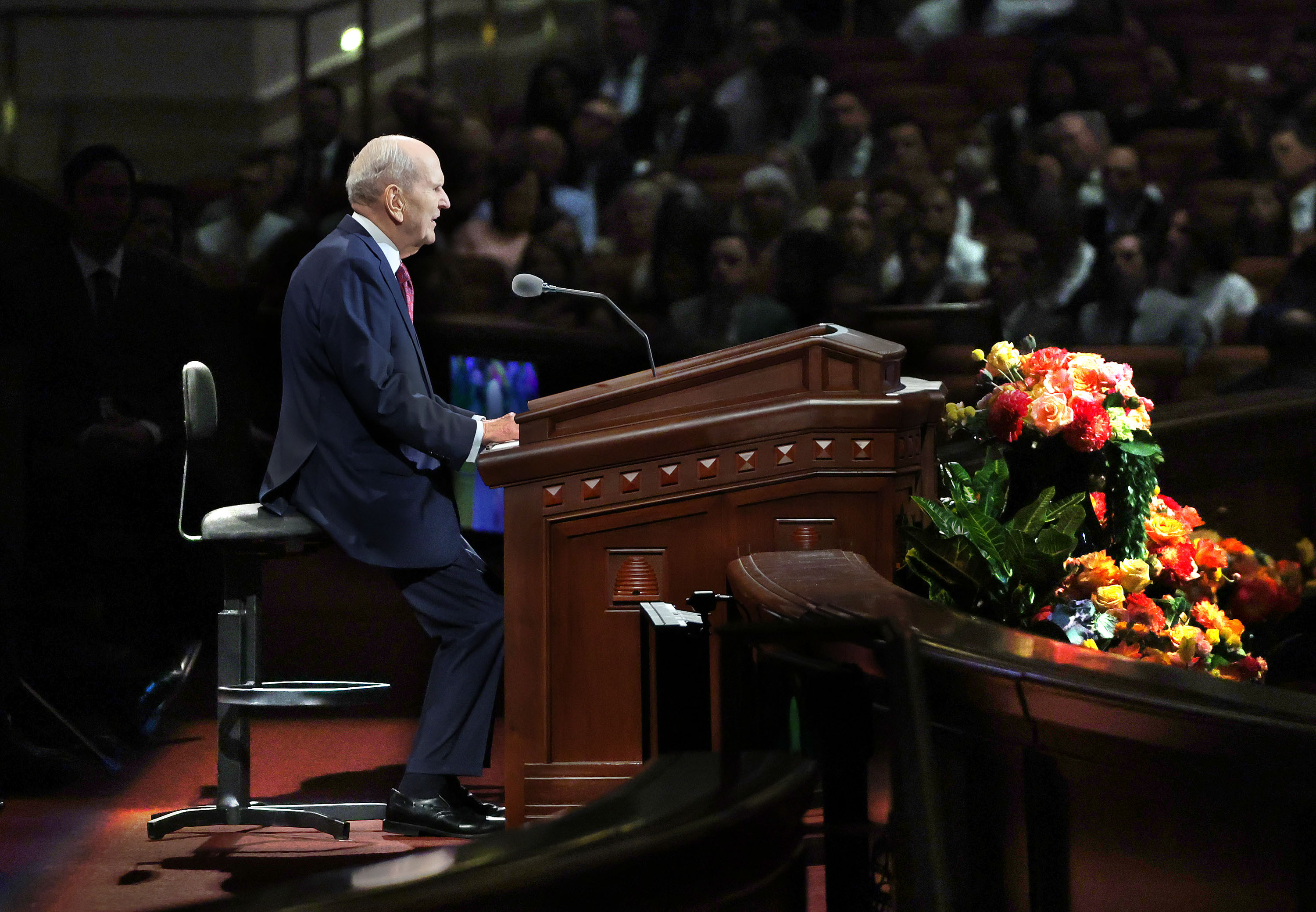 President Russell M. Nelson, of The Church of Jesus Christ of Latter-day Saints, speaks during the Sunday morning session of the 192nd Semiannual General Conference of The Church of Jesus Christ of Latter-day Saints in Salt Lake City on Sunday.