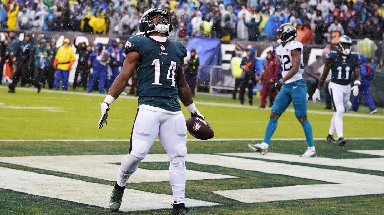 Philadelphia Eagles' Kenneth Gainwell celebrates scoring a touchdown during the first half of an NFL football game against the Jacksonville Jaguars on Sunday, Oct. 2, 2022, in Philadelphia.