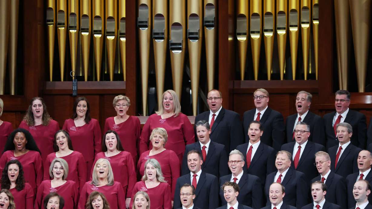 The Tabernacle Choir at Temple Square sing at the Sunday afternoon session of the 192nd Semiannual General Conference of The Church of Jesus Christ of Latter-day Saints in Salt Lake City on Sunday.