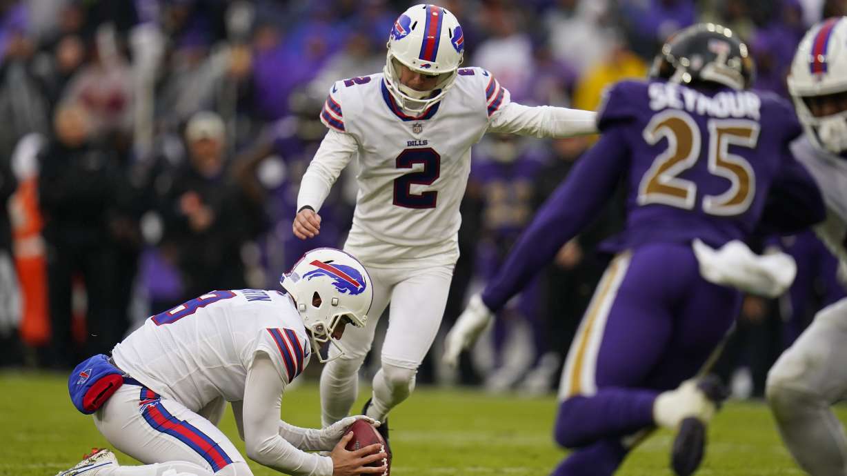 Buffalo Bills place kicker Tyler Bass (2) kicks a 21-yard field goal on the final play of the fourth quarter to give the Bills a 23-20 win over the Baltimore Ravens in an NFL football game Sunday, Oct. 2, 2022, in Baltimore.