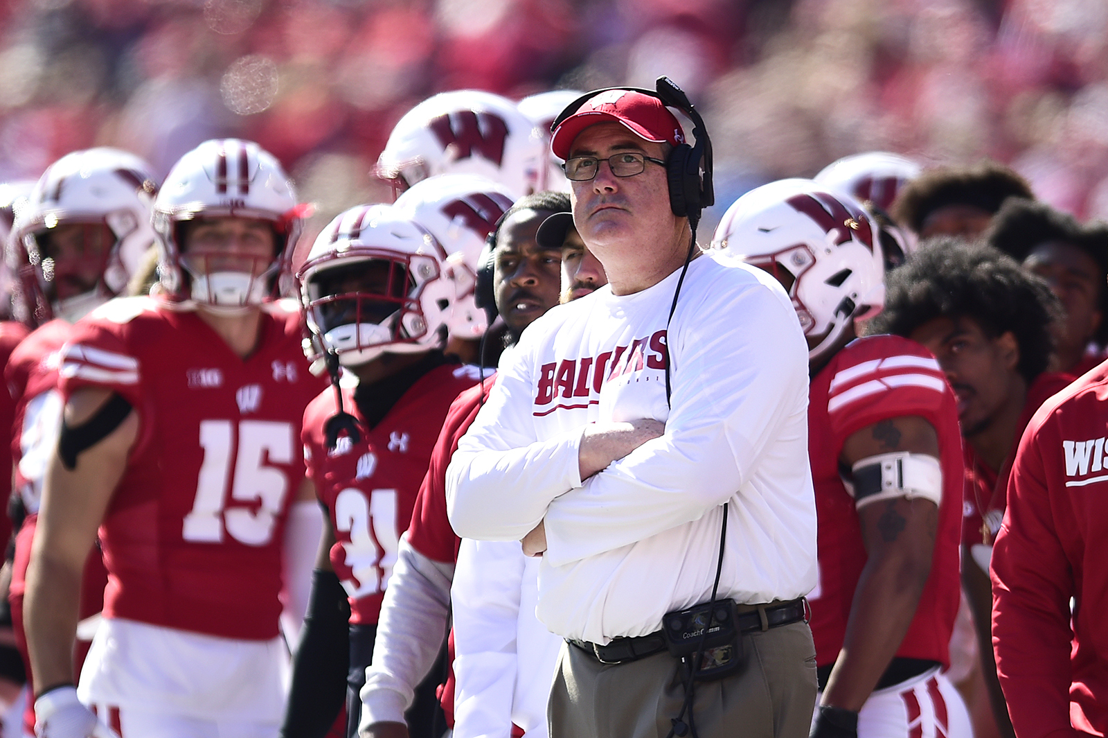 Wisconsin head coach Paul Chryst looks on during the first half of an NCAA college football game against Illinois, Saturday, Oct. 1, 2022, in Madison, Wis. 