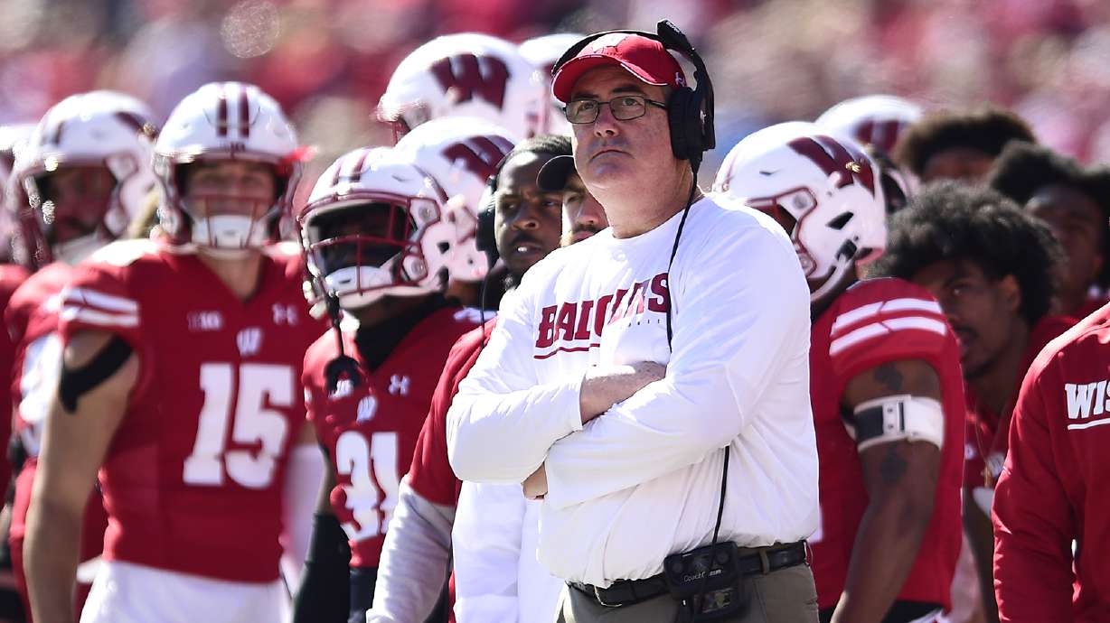 Wisconsin head coach Paul Chryst looks on during the first half of an NCAA college football game against Illinois, Saturday, Oct. 1, 2022, in Madison, Wis.