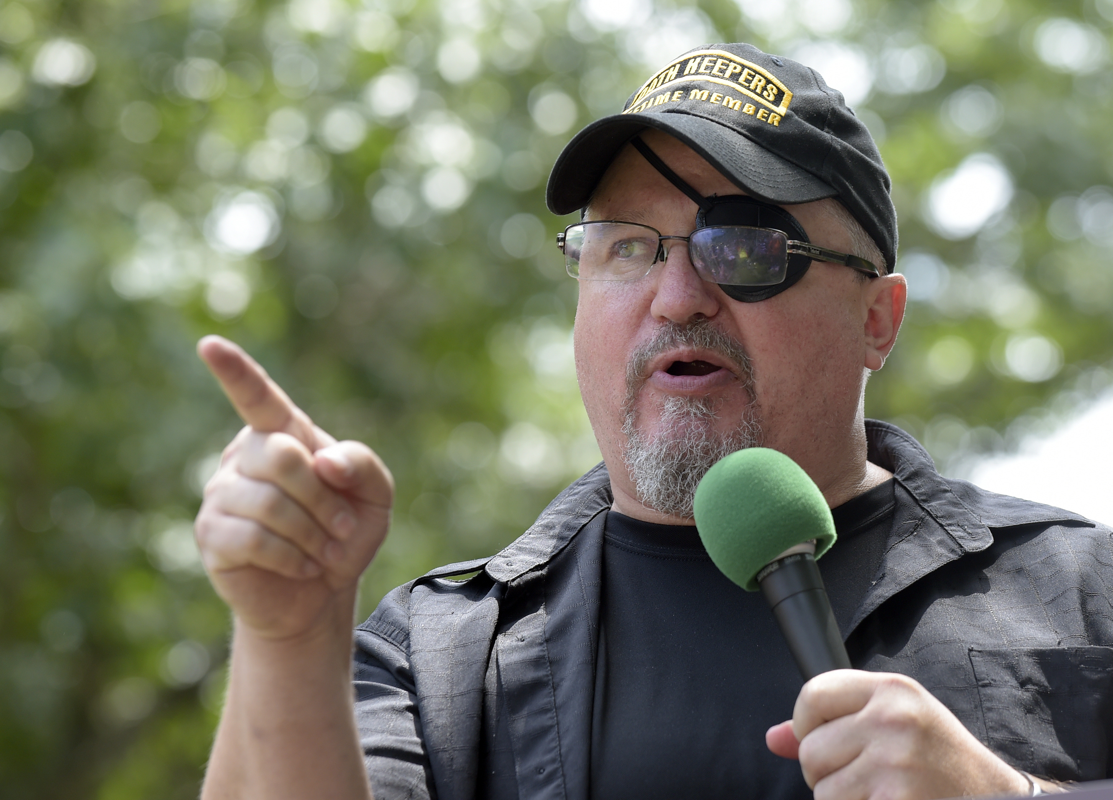 Stewart Rhodes, founder of the citizen militia group known as the Oath Keepers speaks during a rally outside the White House in Washington, on June 25, 2017. Federal prosecutors on Monday will lay out their case against the founder of the Oath Keepers' extremist group and four associates charged in the Jan. 6, 2021, U.S. Capitol attack.