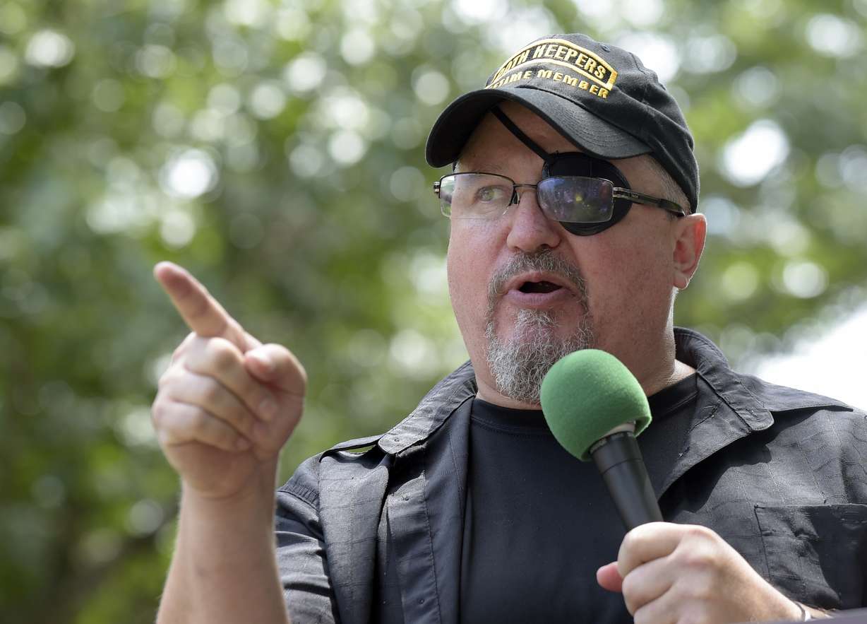 Stewart Rhodes, founder of the citizen militia group known as the Oath Keepers speaks during a rally outside the White House in Washington, on June 25, 2017. Federal prosecutors on Monday will lay out their case against the founder of the Oath Keepers' extremist group and four associates charged in the Jan. 6, 2021, U.S. Capitol attack.