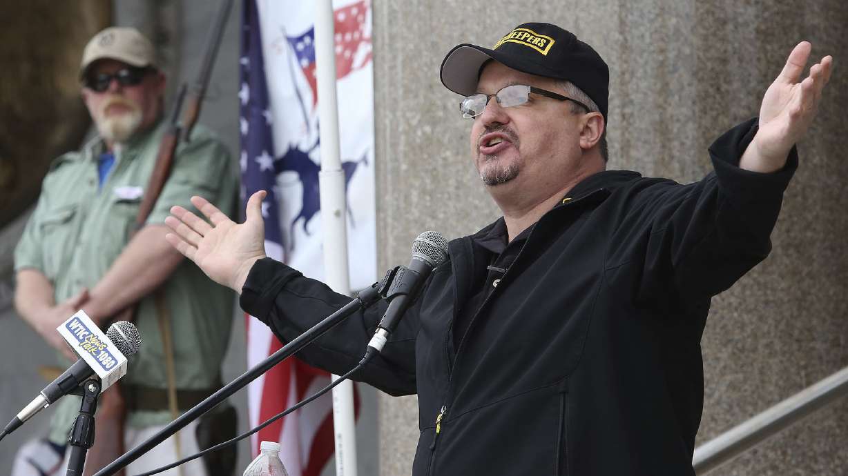 Stewart Rhodes, the founder of Oath Keepers, speaks during a gun rights rally at the Connecticut State Capitol in Hartford, Conn., April 20, 2013. Prosecutors are saying at the opening of the most serious case to reach trial in the attack on the U.S. Capitol that the founder of the Oath Keepers extremist group and four associates planned for an "armed rebellion" to stop the transfer of presidential power.