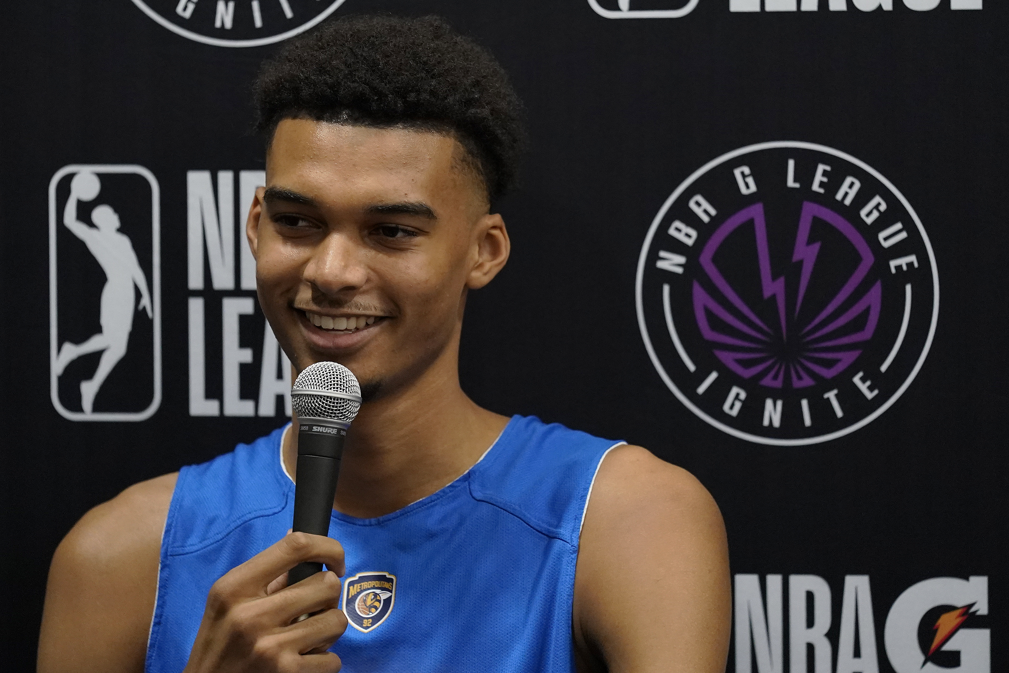 Boulogne-Levallois Metropolitans 92's Victor Wembanyama speaks to the media Monday, Oct. 3, 2022, in Las Vegas. 