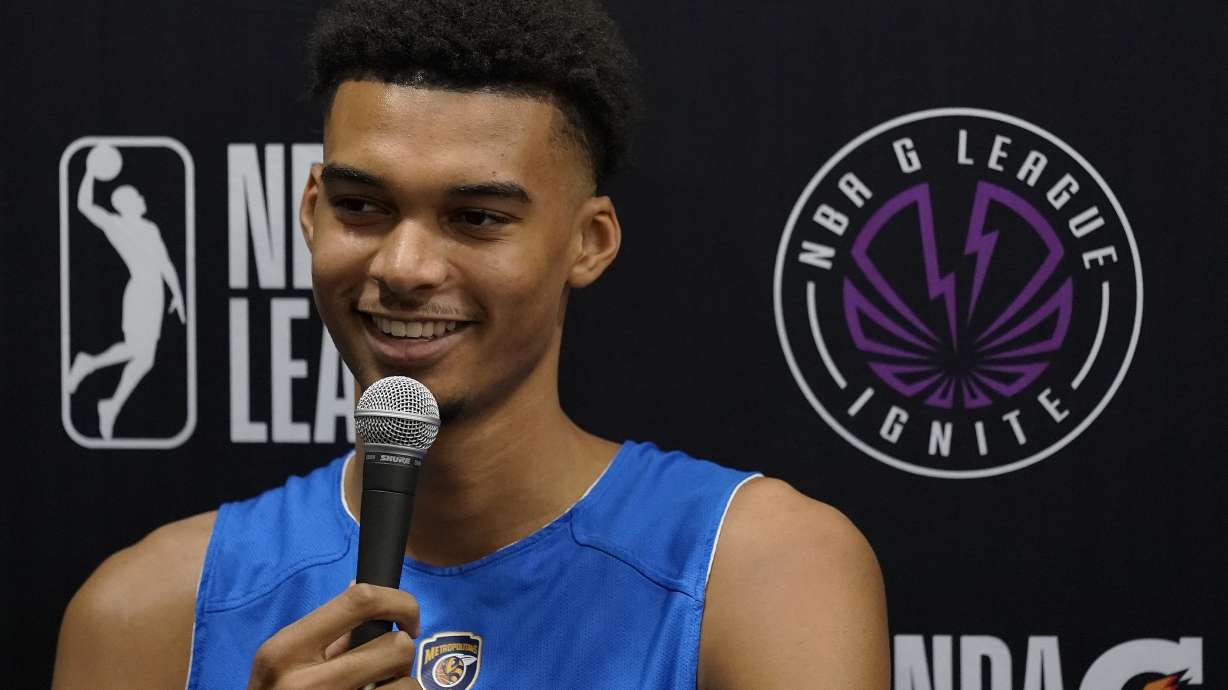 Boulogne-Levallois Metropolitans 92's Victor Wembanyama speaks to the media Monday, Oct. 3, 2022, in Las Vegas.