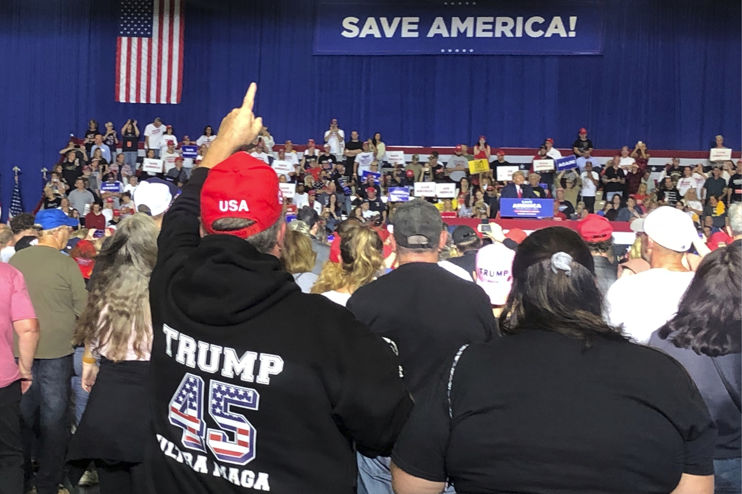 Former President Donald Trump holds a rally in Warren, Michigan, on Saturday. Trump has gone to court against CNN. He's seeking $475 million in damages, saying the network's reports are trying to short-circuit any future political campaign.
