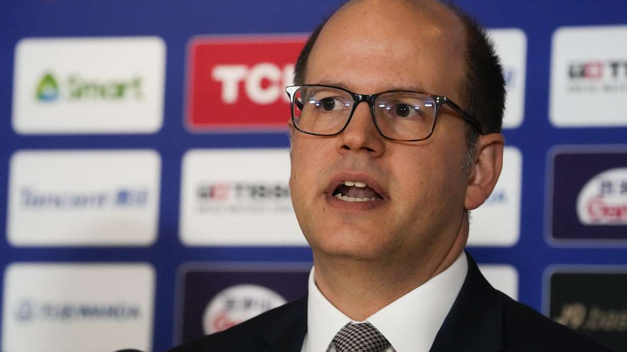 FIBA Secretary General Andreas Zagklis address a press conference ahead of play on the final day of the women's Basketball World Cup in Sydney, Australia, Saturday, Oct. 1, 2022.