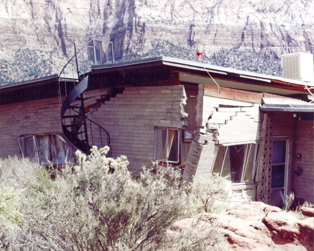 A building shows damage from the Springdale landslide, Springdale, Sept. 2, 1992.