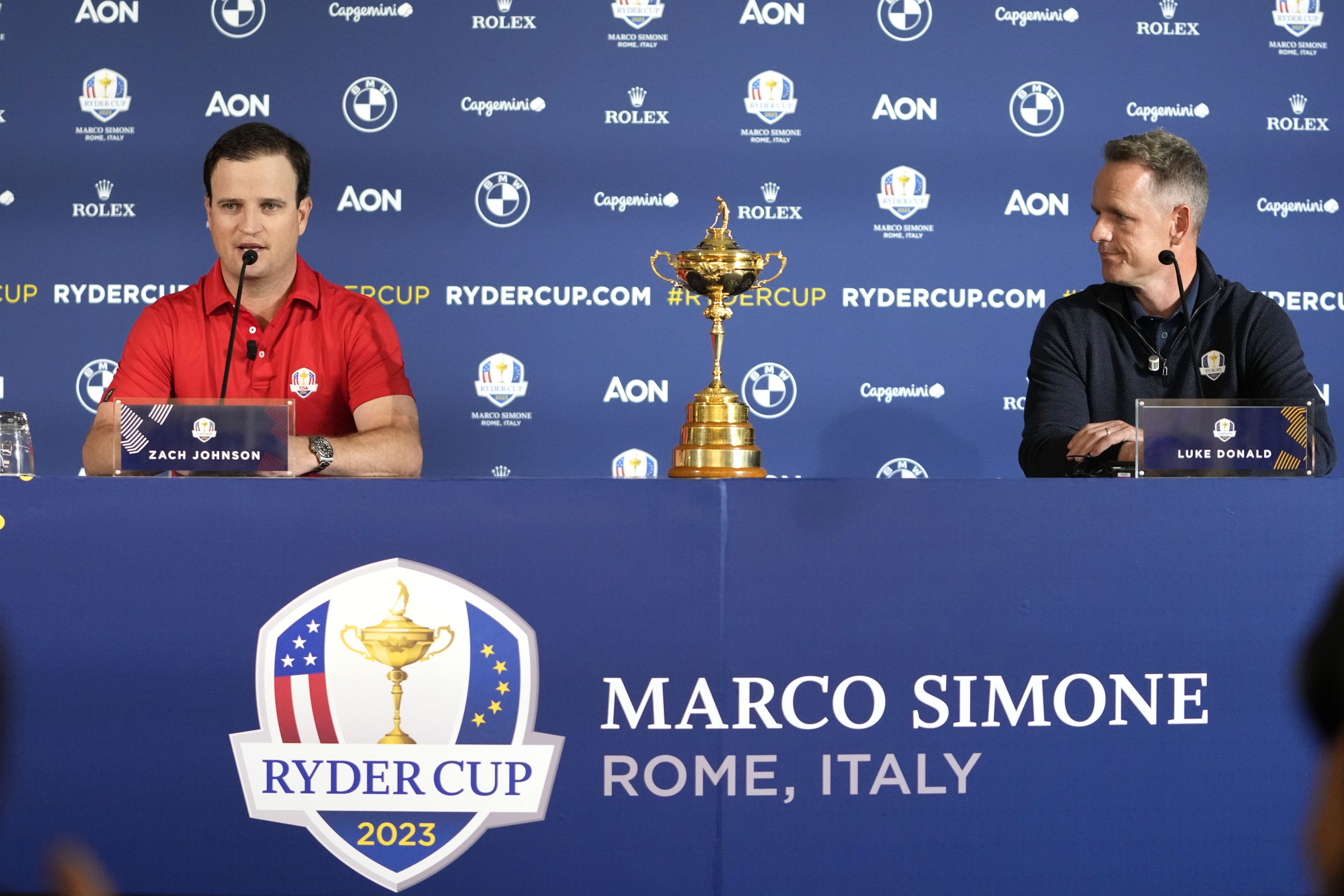 United States Captain Zach Johnson, left, and European Captain Luke Donald attend a press conference on the occasion of The Year to Go event in Rome, Tuesday, Oct. 4, 2022. The Marco Simone course of Guidonia Montecelio, near Rome, will host the 2023 Ryder Cup. 